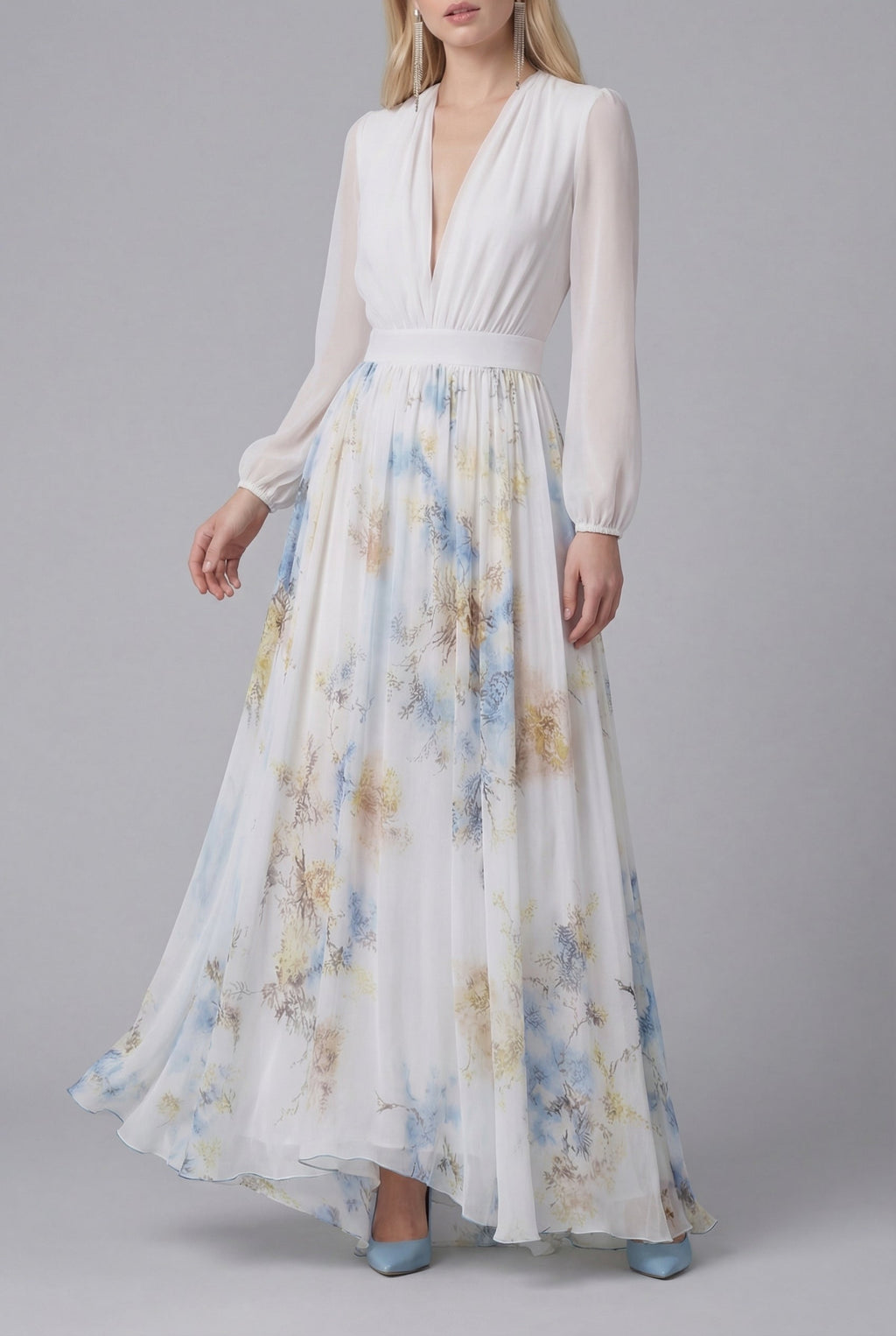 Floral Maxi Dress Chiffon Long Sleeve Ascot