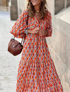 Boho Floral Puff Sleeve Maxi Dress Ruffled Hem