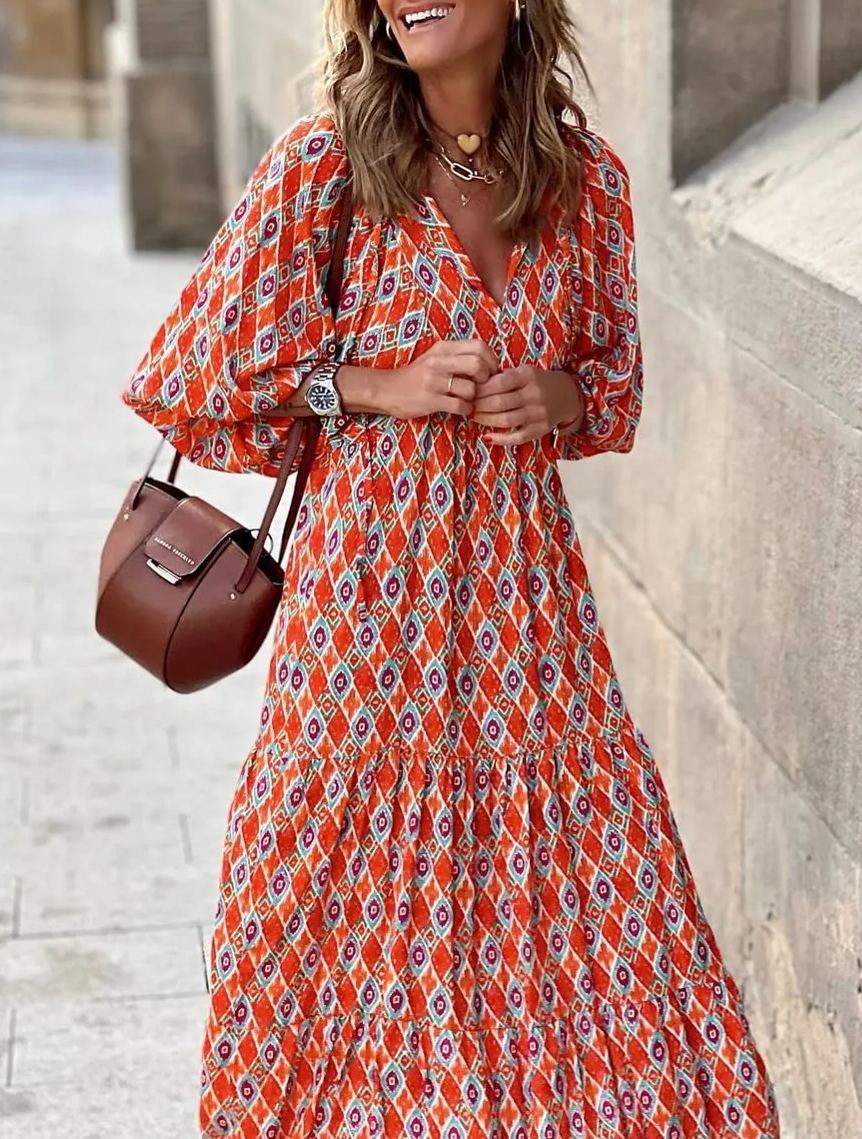 Boho Floral Puff Sleeve Maxi Dress Ruffled Hem