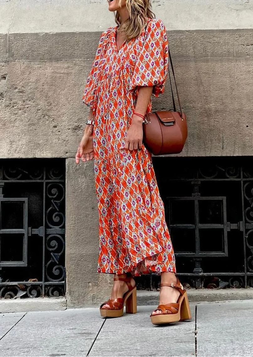 Boho Floral Puff Sleeve Maxi Dress Ruffled Hem