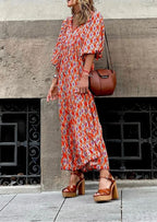 Boho Floral Puff Sleeve Maxi Dress Ruffled Hem