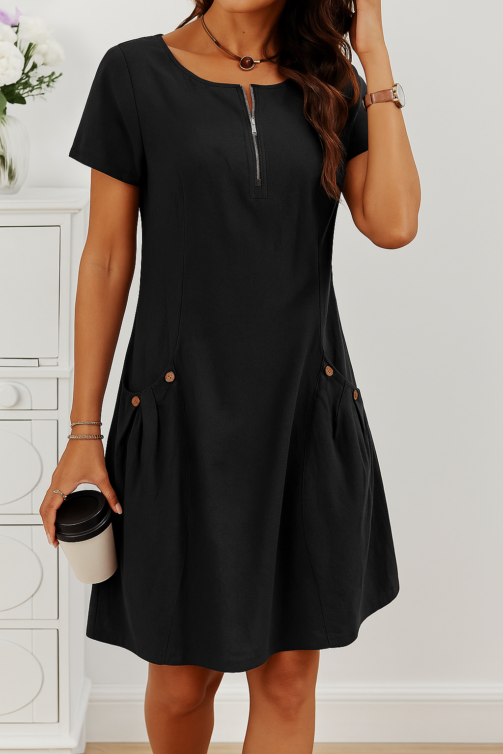 Button Detail Mini Dress Pockets Casual Jersey