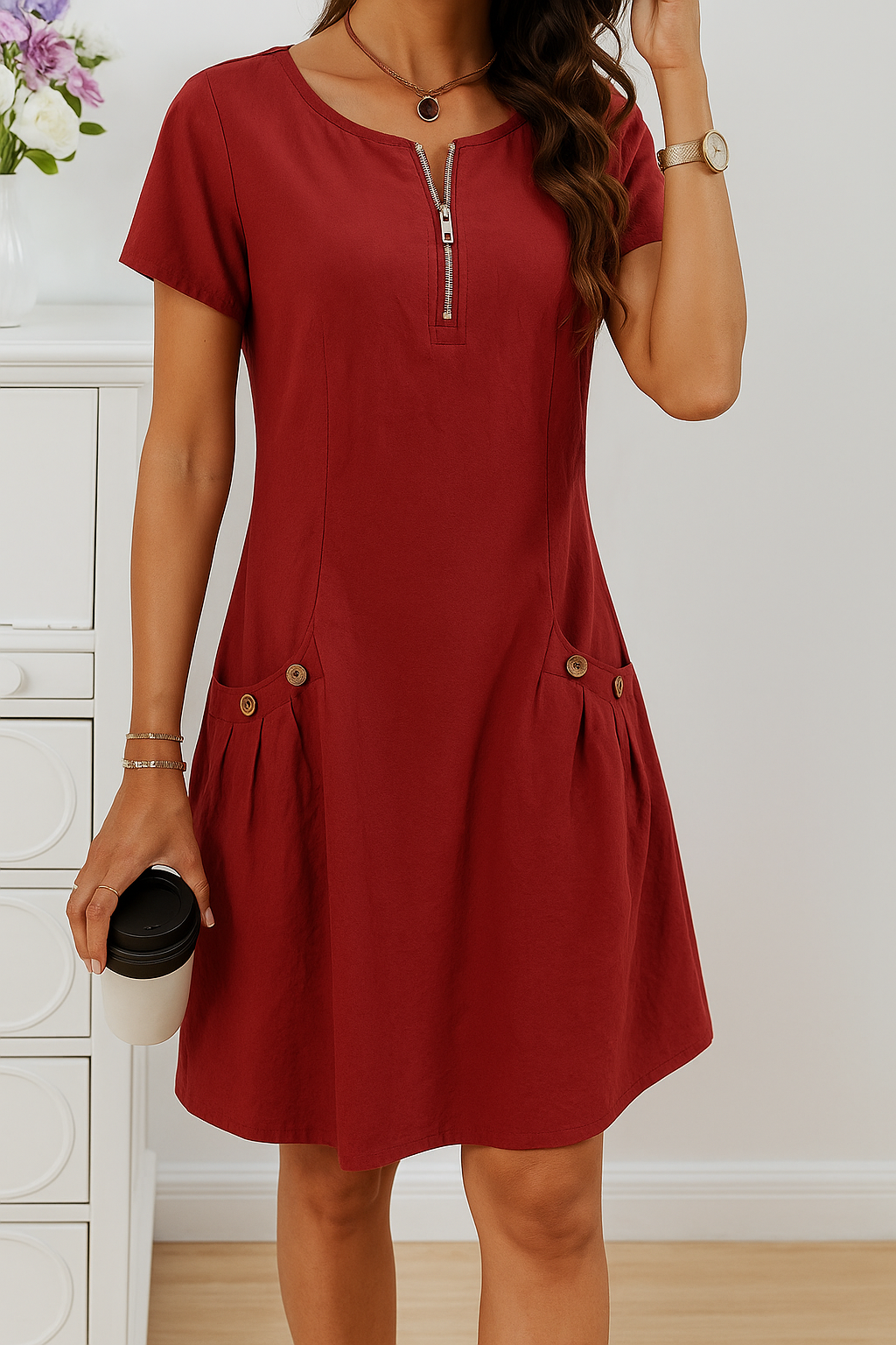 Button Detail Mini Dress Pockets Casual Jersey