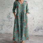 Floral Maxi Dress Long Sleeve V-Neck Gathered Waist
