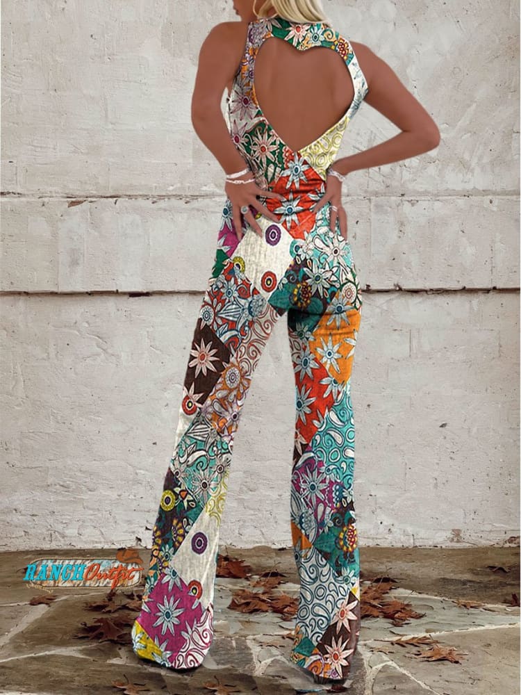 Floral Denim Jumpsuit Split Hem Zip Front Casual