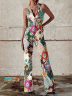 Floral Denim Jumpsuit Split Hem Zip Front Casual