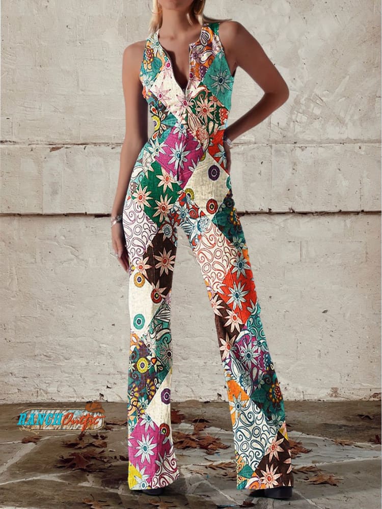 Floral Denim Jumpsuit Split Hem Zip Front Casual