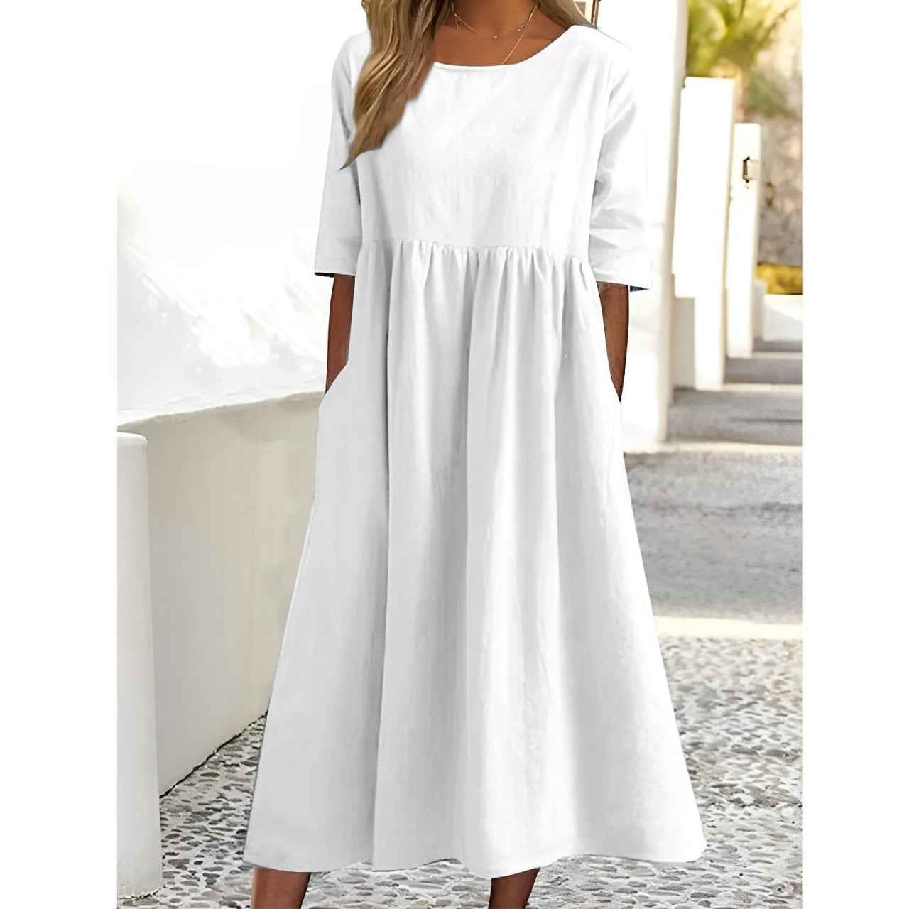 Cotton Linen Midi Dress Breathable Casual Summer