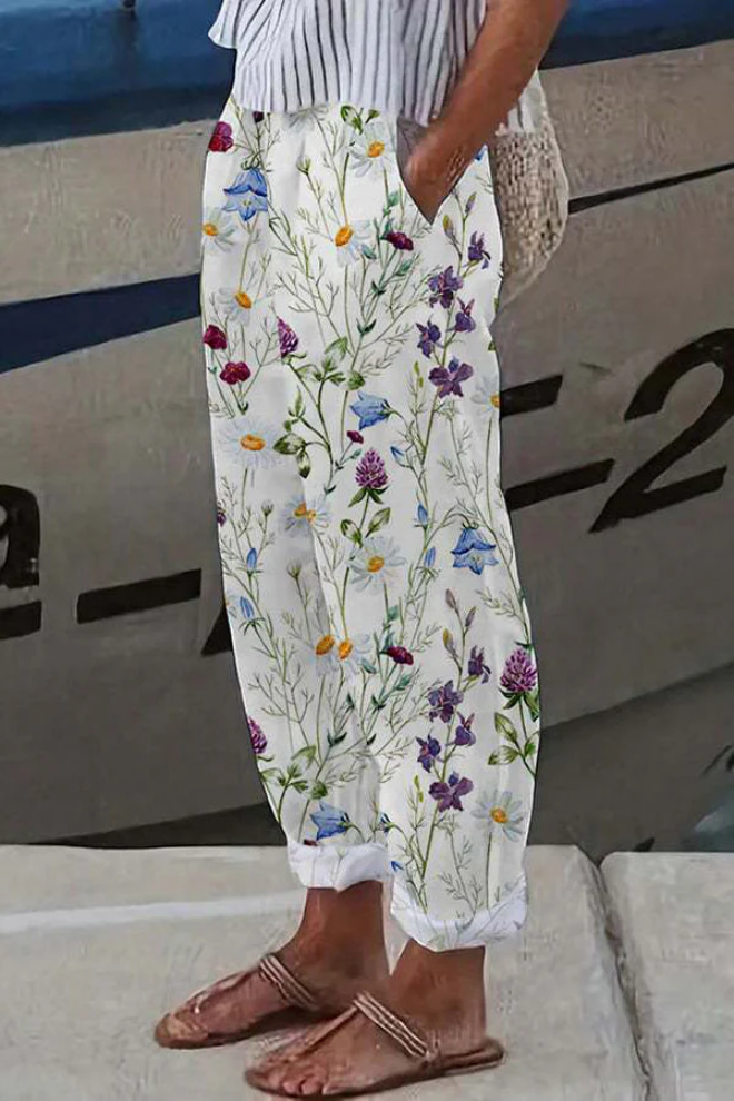 Printed Button Pocket Trousers Casual Unique