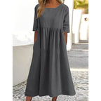 Cotton Linen Midi Dress Breathable Casual Summer