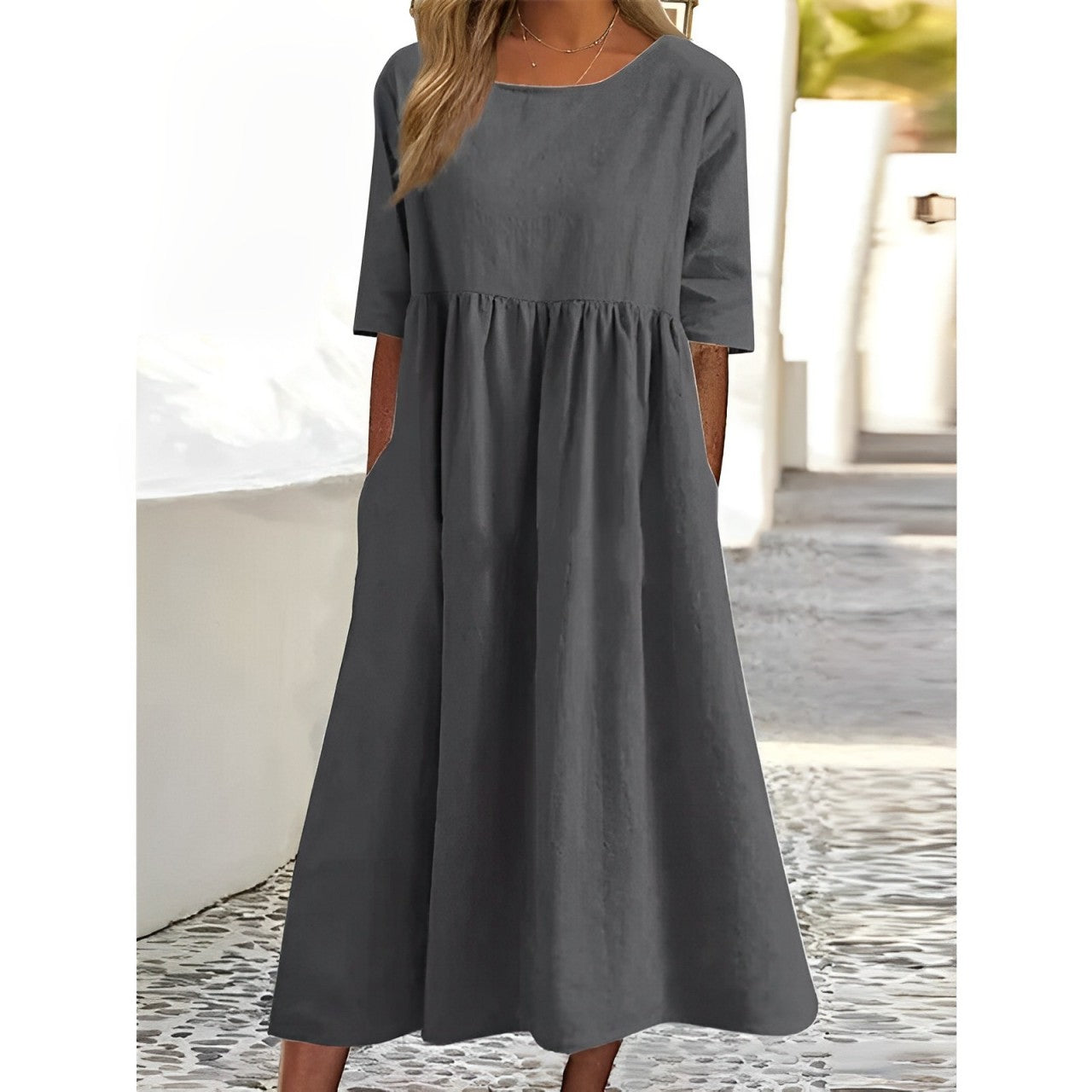 Cotton Linen Midi Dress Breathable Casual Summer