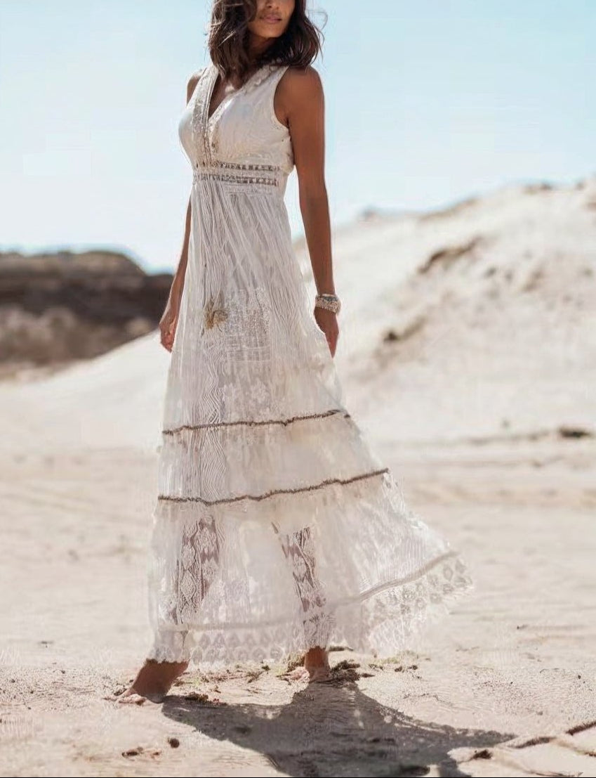 Boho Lace Maxi Dress V-Neck High-Low Hem