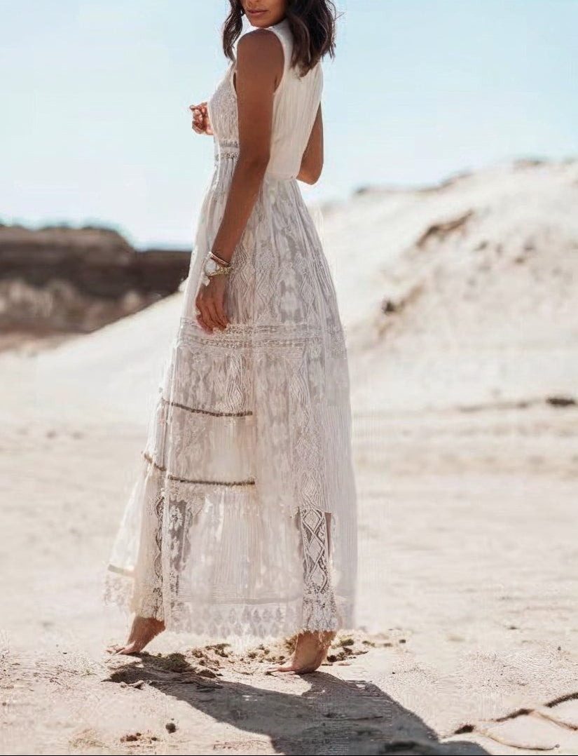 Boho Lace Maxi Dress V-Neck High-Low Hem