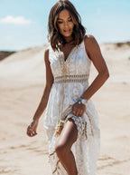 Boho Lace Maxi Dress V-Neck High-Low Hem