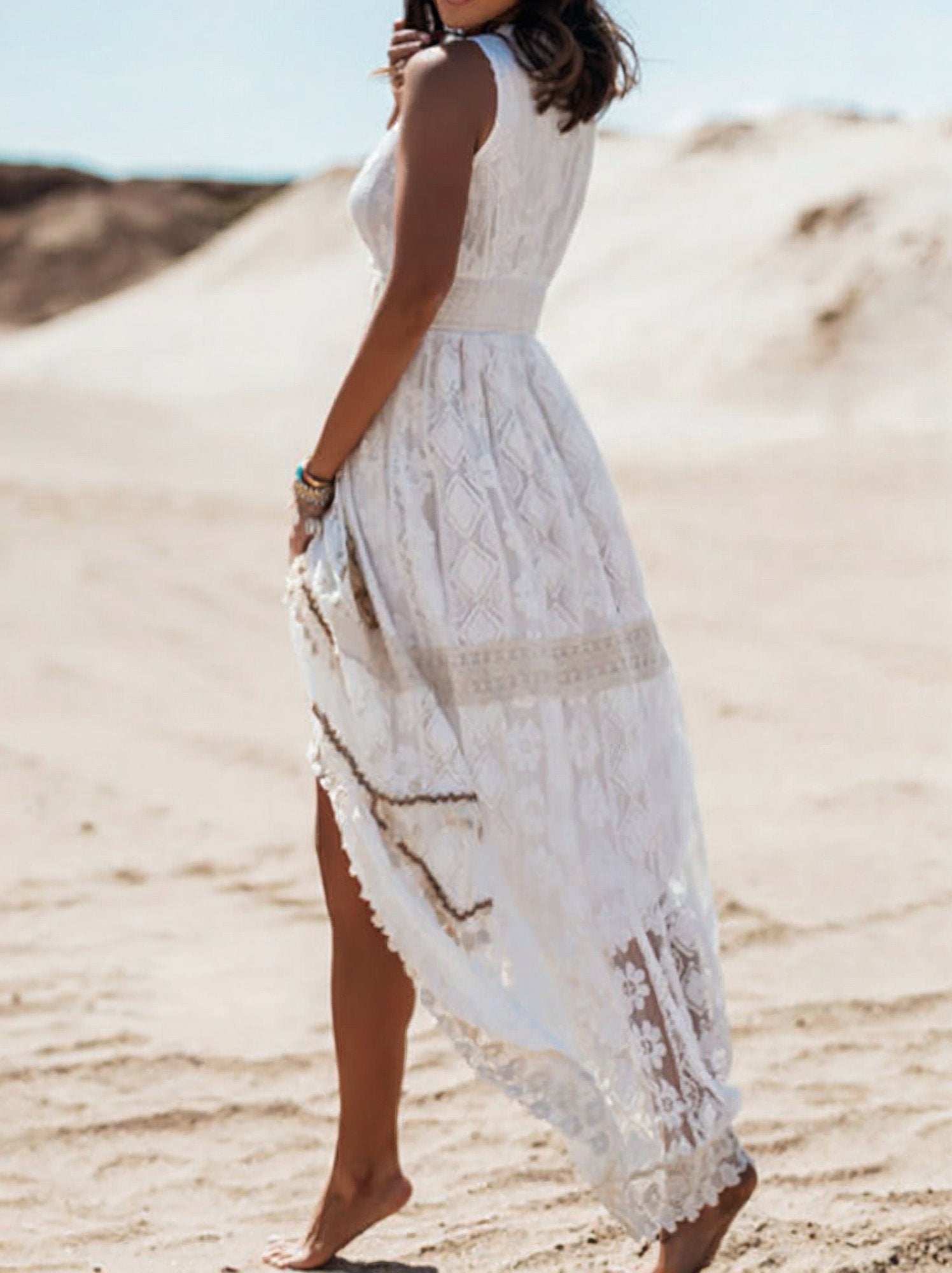 Boho Lace Maxi Dress V-Neck High-Low Hem