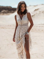 Boho Lace Maxi Dress V-Neck High-Low Hem
