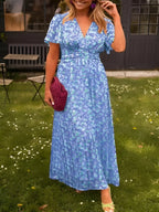 Floral Maxi Dress Short Flutter Sleeve V-Neck