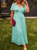 Floral Maxi Dress Short Flutter Sleeve V-Neck