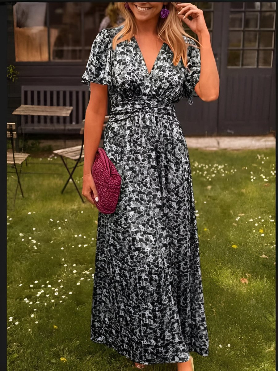 Floral Maxi Dress Short Flutter Sleeve V-Neck