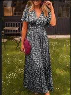 Floral Maxi Dress Short Flutter Sleeve V-Neck