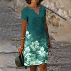 Linen Midi Dress Short Sleeve V-Neck Casual