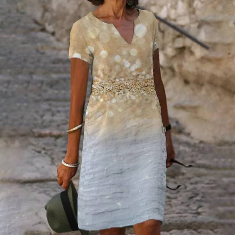 Linen Midi Dress Short Sleeve V-Neck Casual