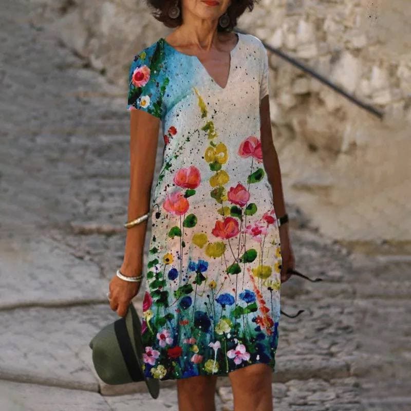 Linen Midi Dress Short Sleeve V-Neck Casual