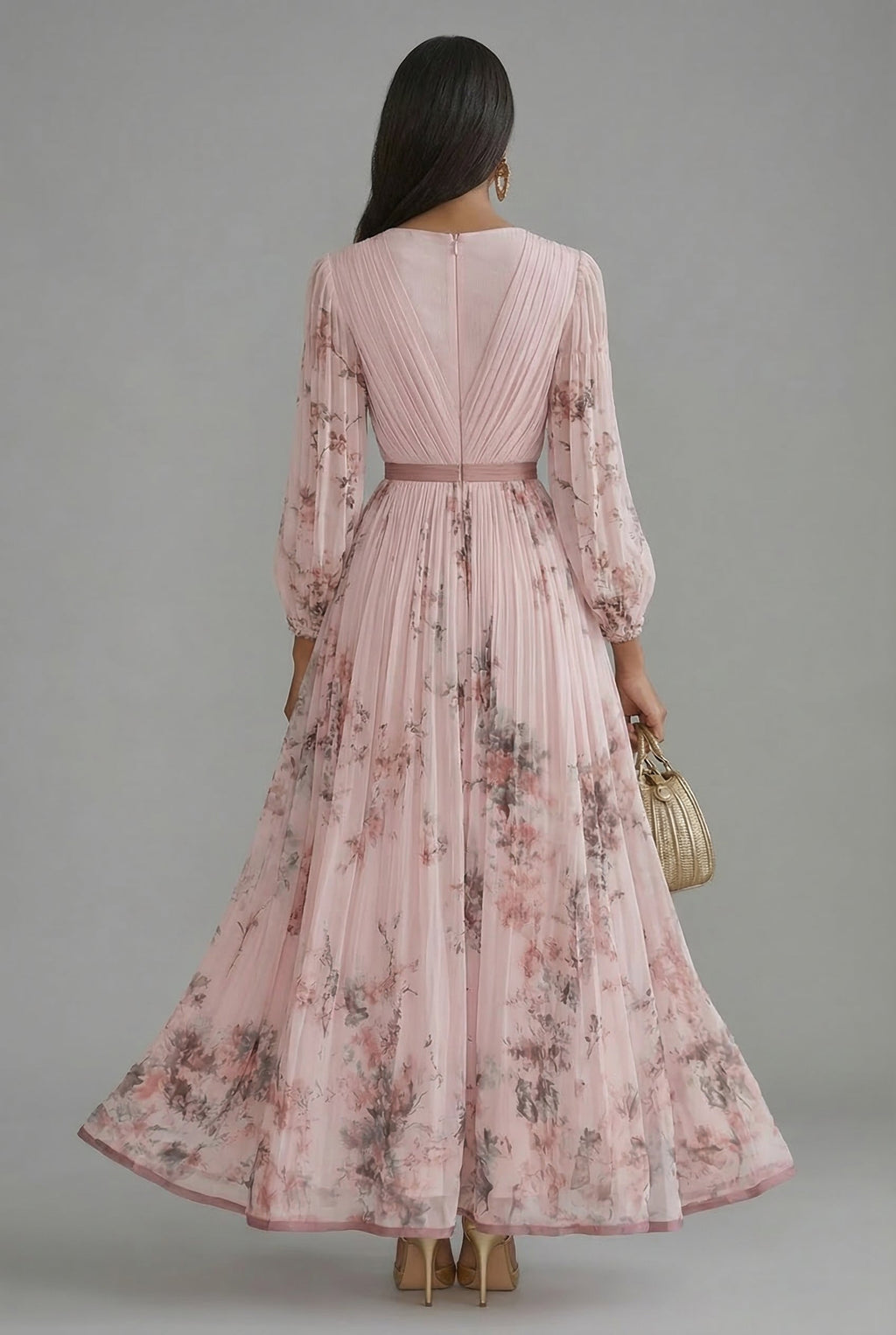Floral Maxi Dress V-Neck Long Sleeve Ascot