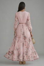 Floral Maxi Dress V-Neck Long Sleeve Ascot