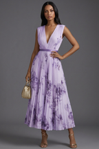 Wedding Guest Midi Dress Pleated Floral V-Neck