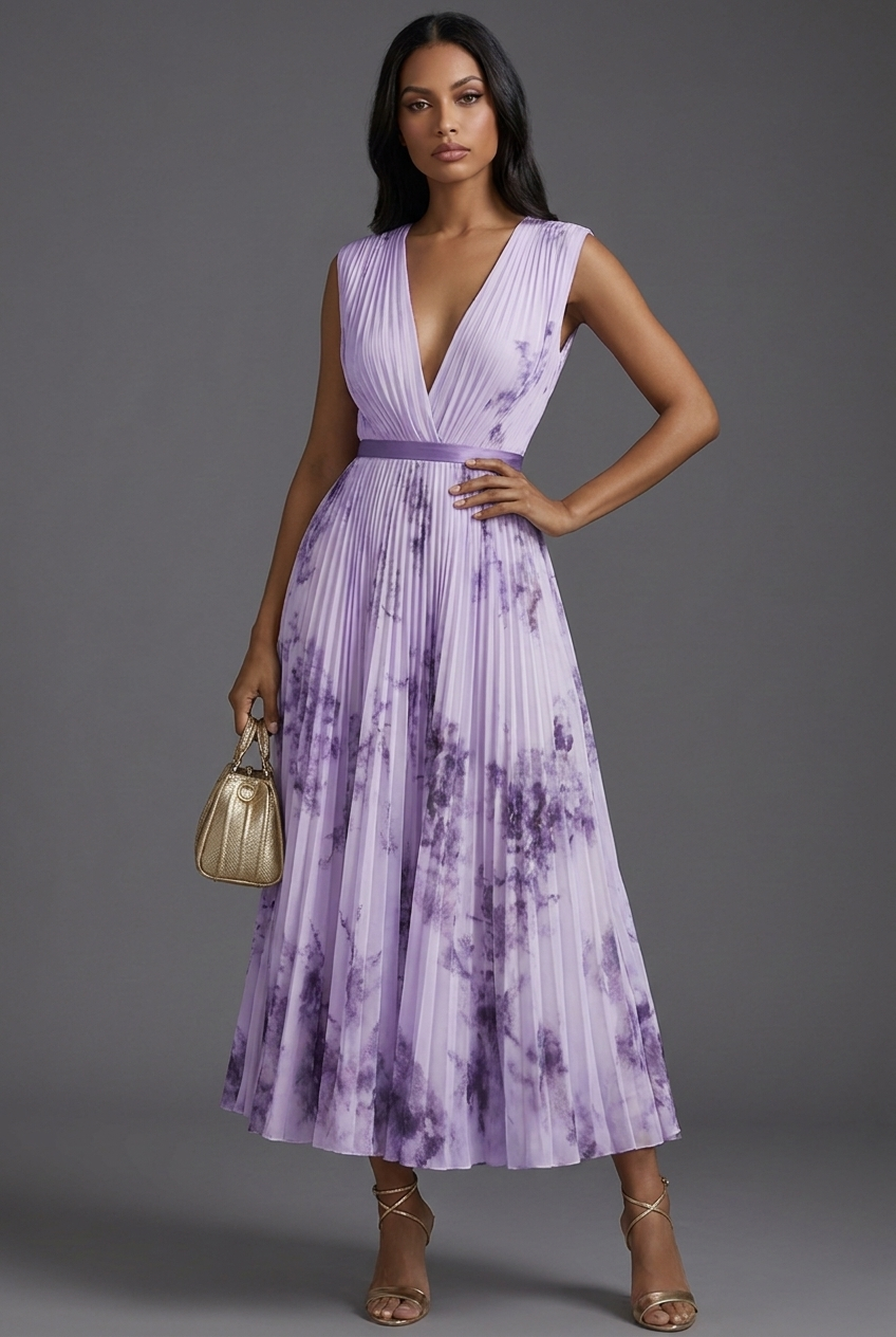Wedding Guest Midi Dress Pleated Floral V-Neck