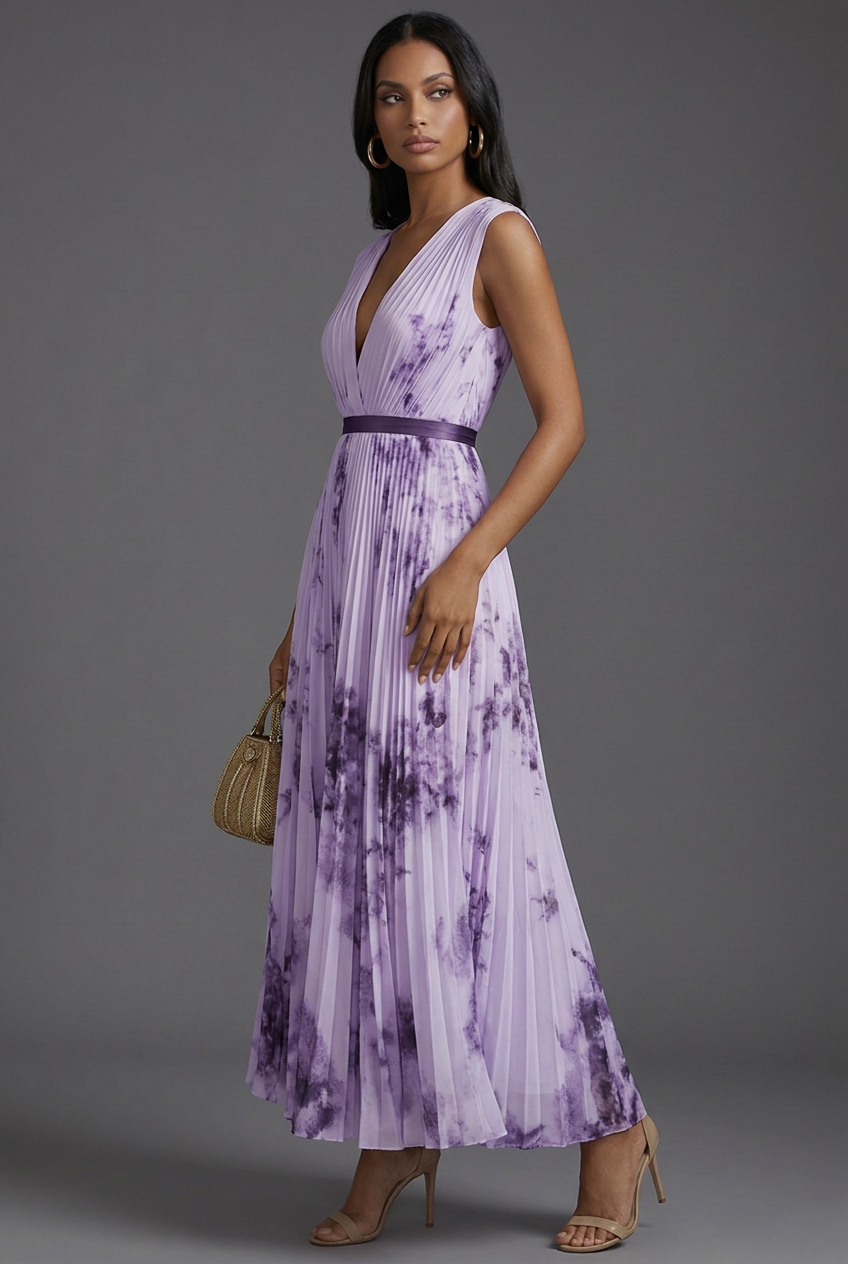 Wedding Guest Midi Dress Pleated Floral V-Neck