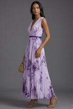 Wedding Guest Midi Dress Pleated Floral V-Neck