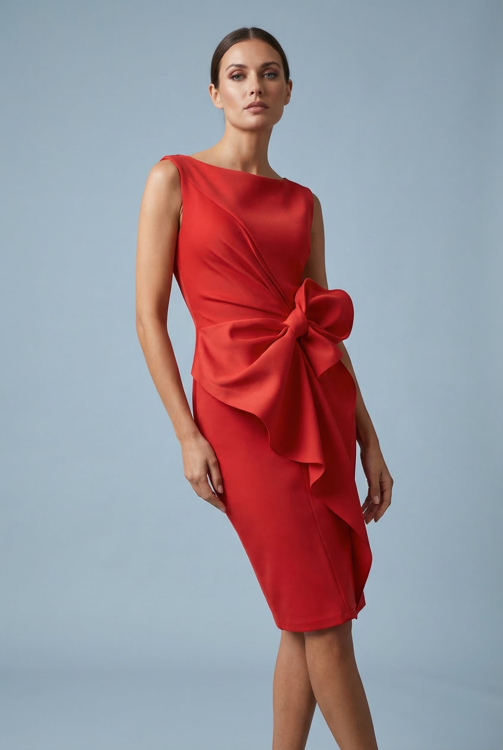 Bow Waist Sleeveless Cocktail Midi Dress Occasion