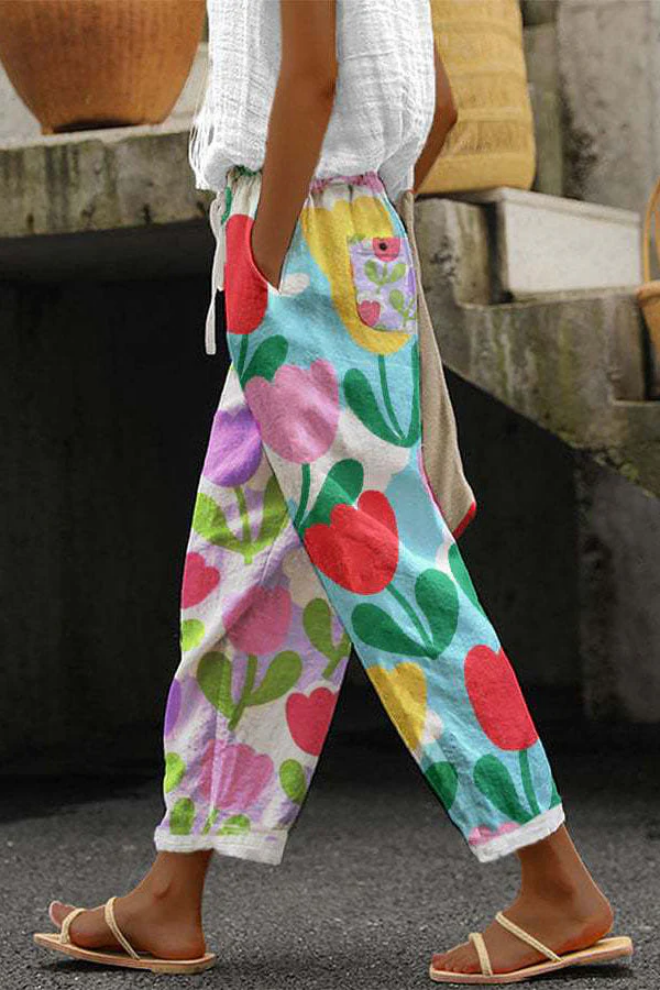 Printed Button Pocket Trousers Casual Unique