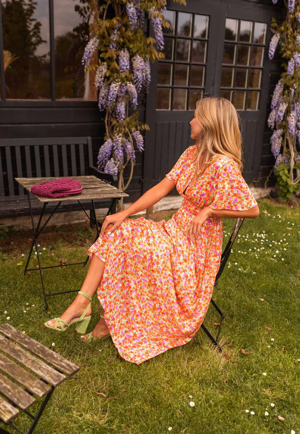 Floral Maxi Dress Short Flutter Sleeve V-Neck