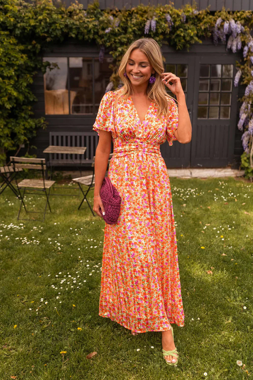 Floral Maxi Dress Short Flutter Sleeve V-Neck