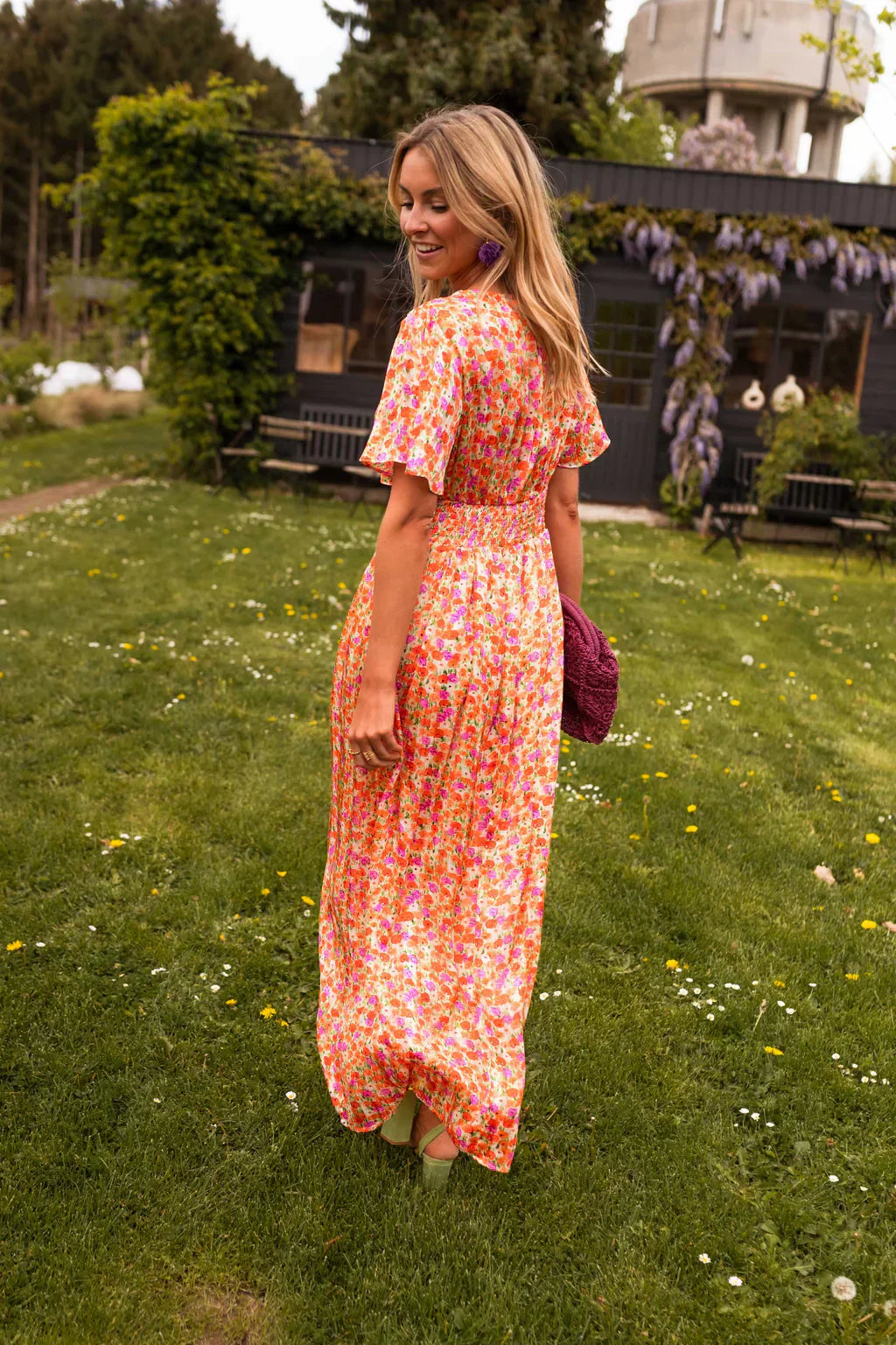 Floral Maxi Dress Short Flutter Sleeve V-Neck