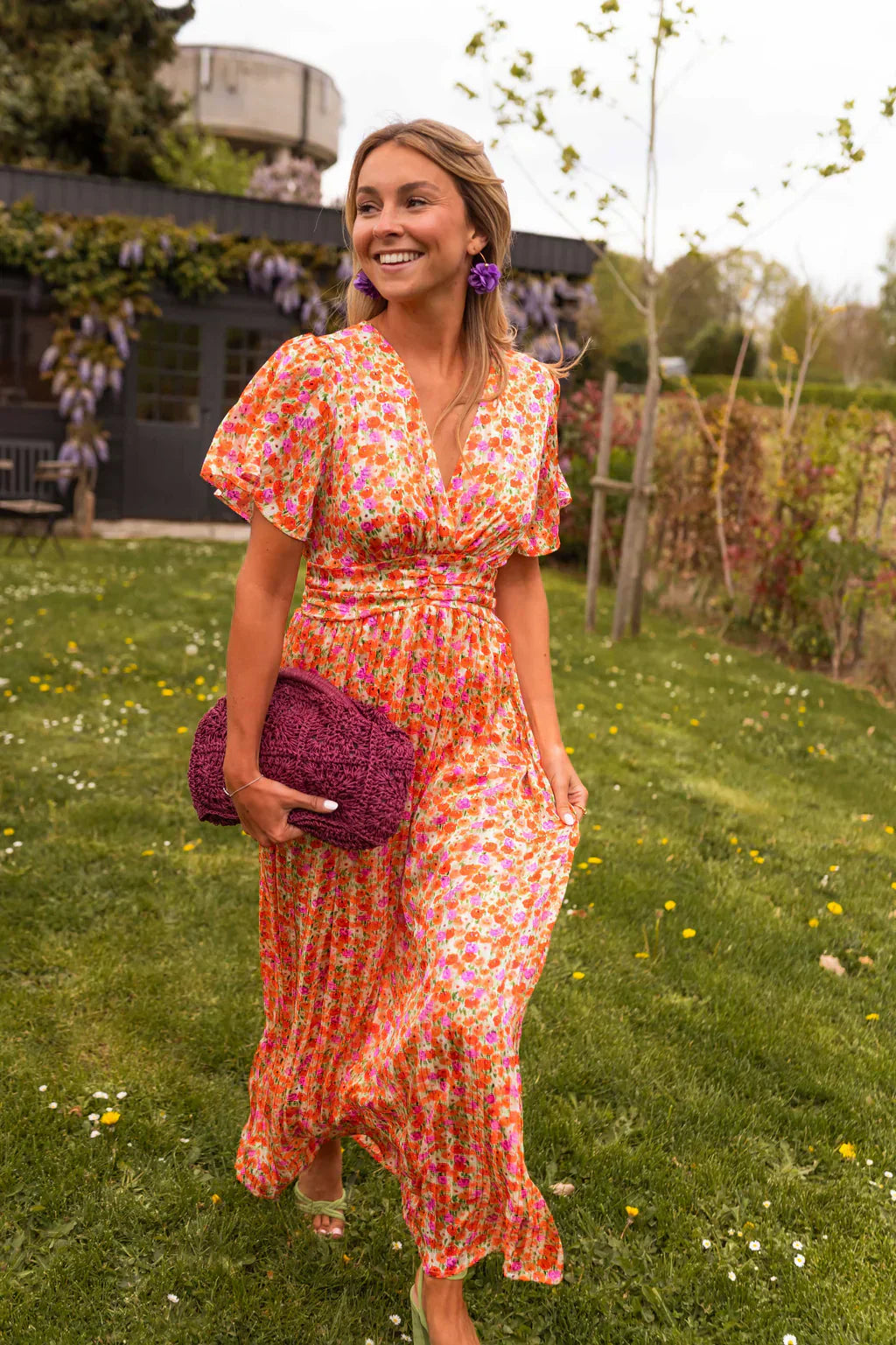 Floral Maxi Dress Short Flutter Sleeve V-Neck