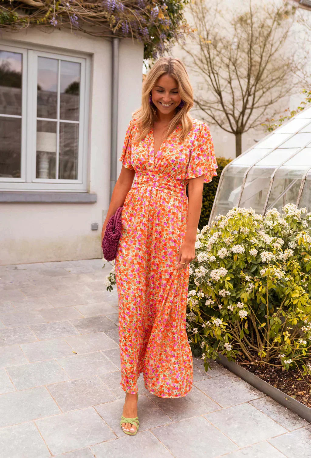 Floral Maxi Dress Short Flutter Sleeve V-Neck