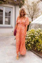 Floral Maxi Dress Short Flutter Sleeve V-Neck