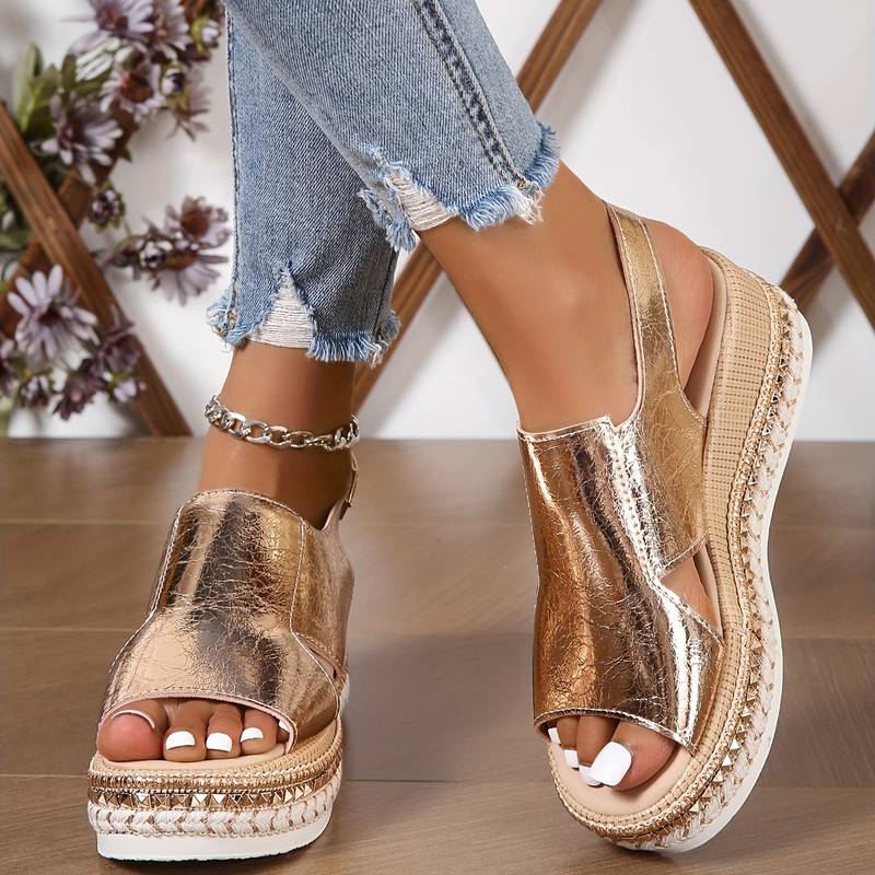 Platform Sandals Wedge Heel Metallic Ankle Strap