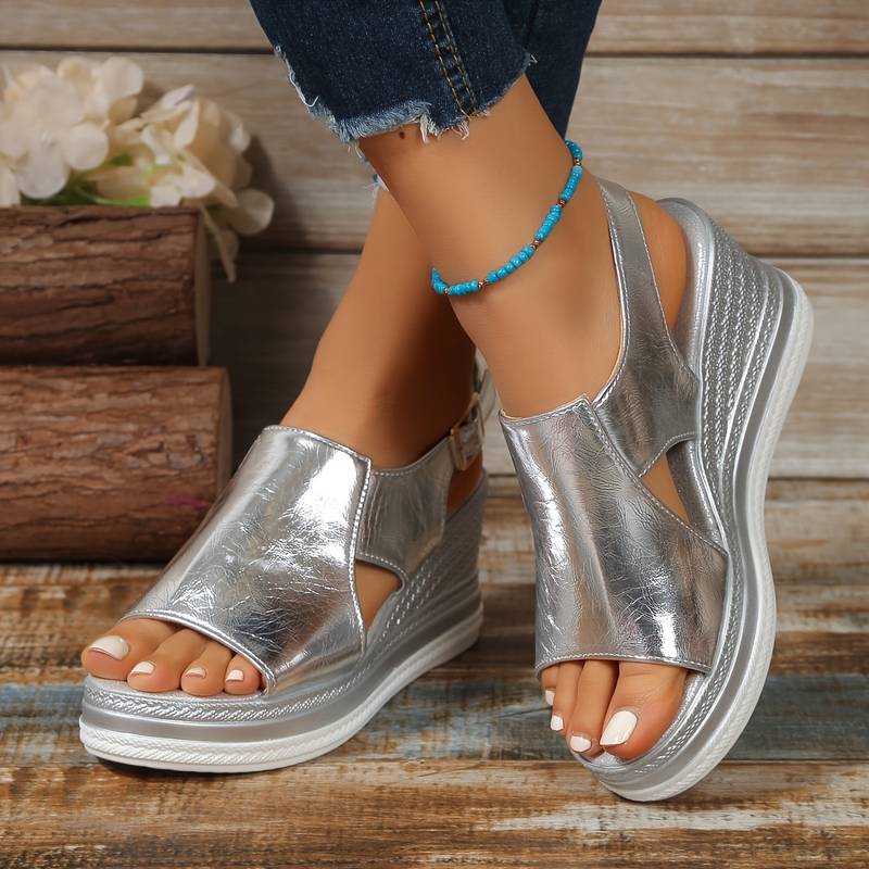 Platform Sandals Wedge Heel Metallic Ankle Strap