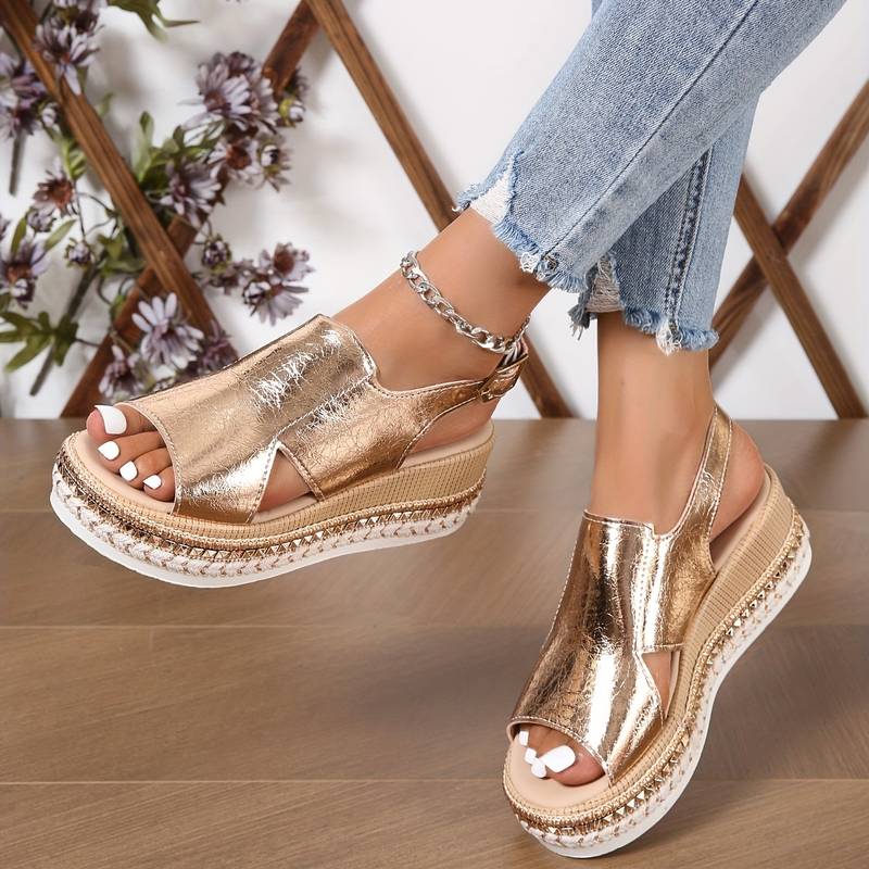 Platform Sandals Wedge Heel Metallic Ankle Strap