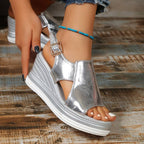Platform Sandals Wedge Heel Metallic Ankle Strap