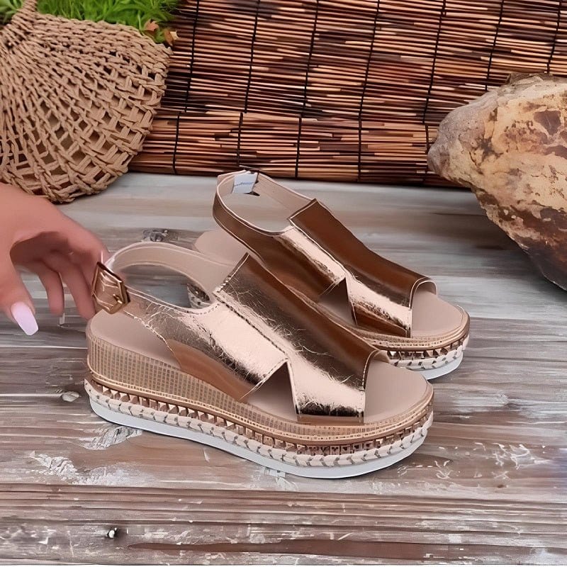 Platform Sandals Wedge Heel Metallic Ankle Strap