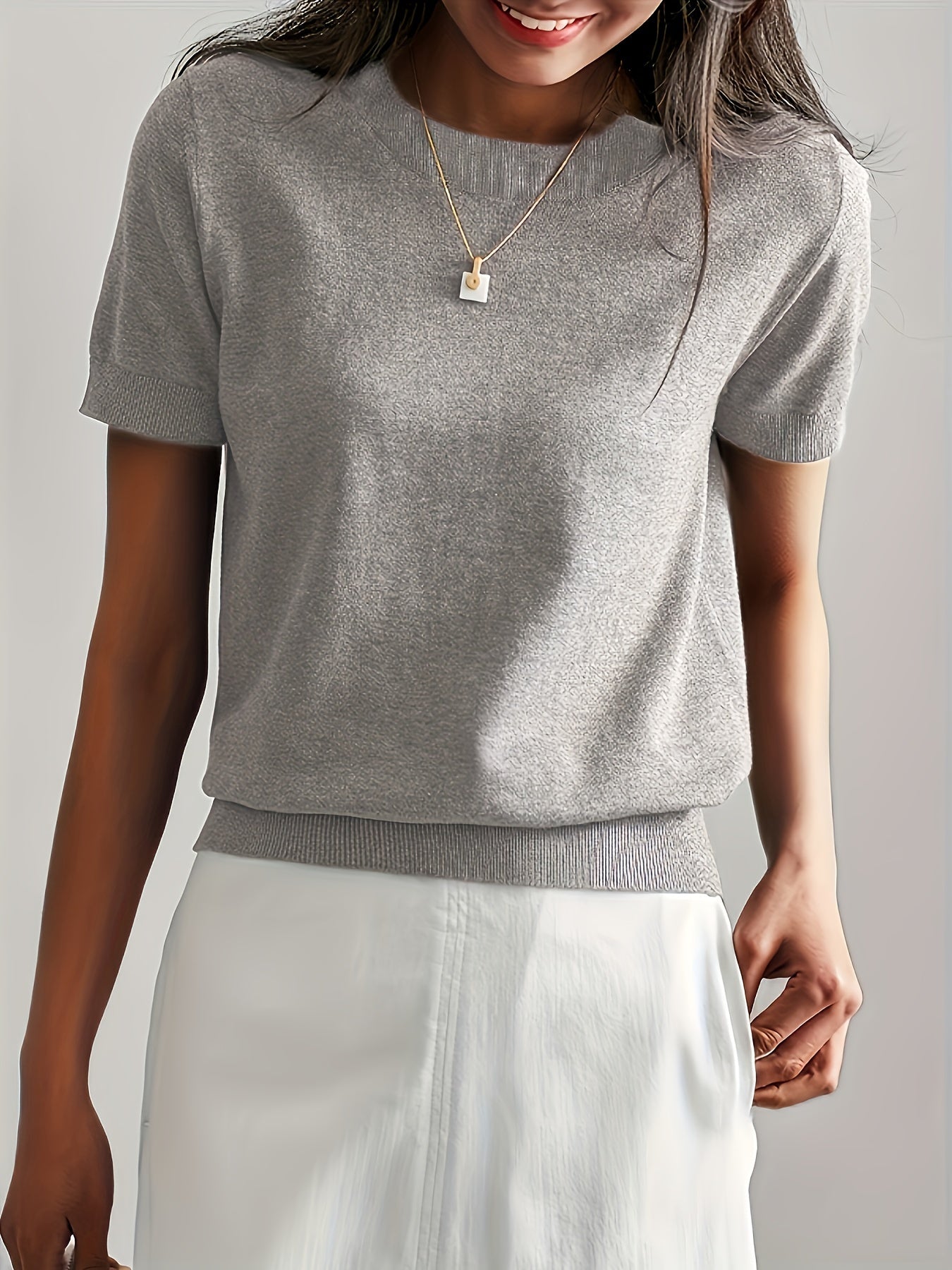 Short Sleeve Knit Jumper Crew Neck Ribbed Layering