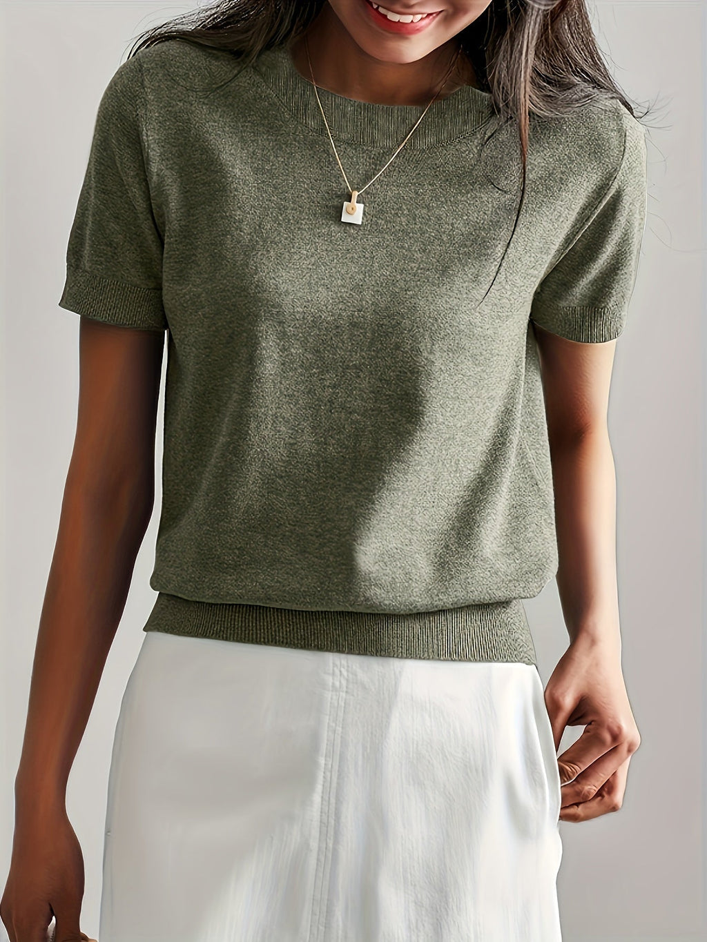 Short Sleeve Knit Jumper Crew Neck Ribbed Layering