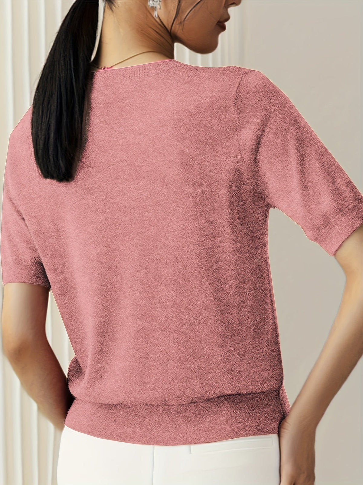 Short Sleeve Knit Jumper Crew Neck Ribbed Layering