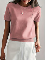 Short Sleeve Knit Jumper Crew Neck Ribbed Layering